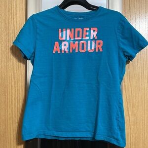 Under Armour loose heat gear youth XL teal short sleeve tee shirt orange writing